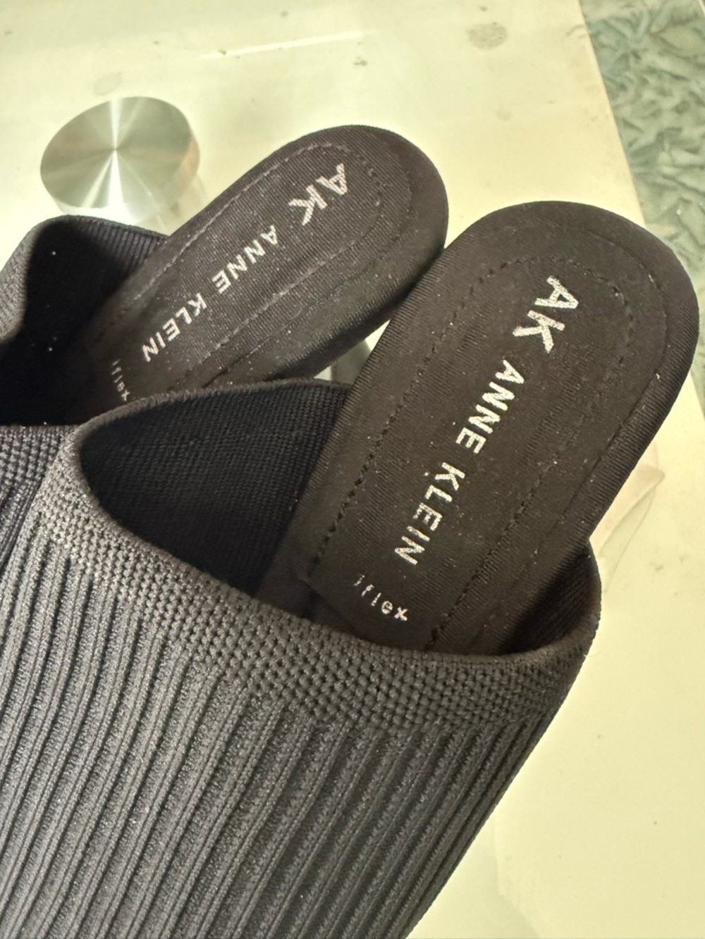 Anne Klein Black Ribbed Knit Slip-On Mules